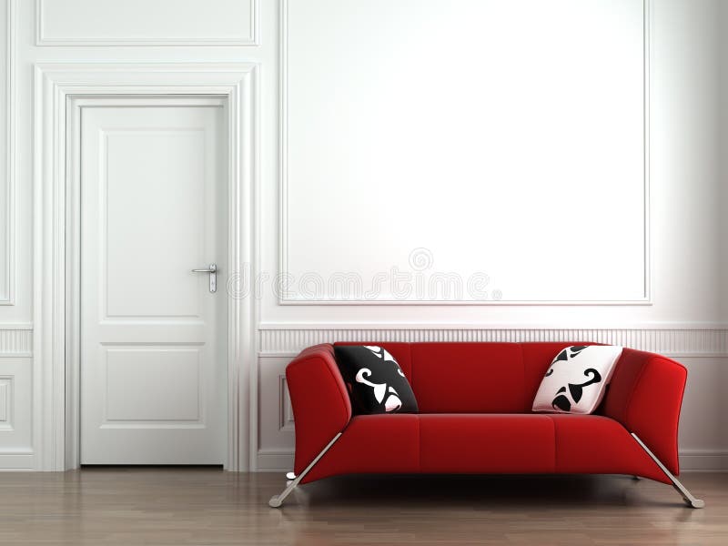 Sofá vermelho na parede interior branca ilustração stock Sofá vermelho na parede interior branca ilustração stock