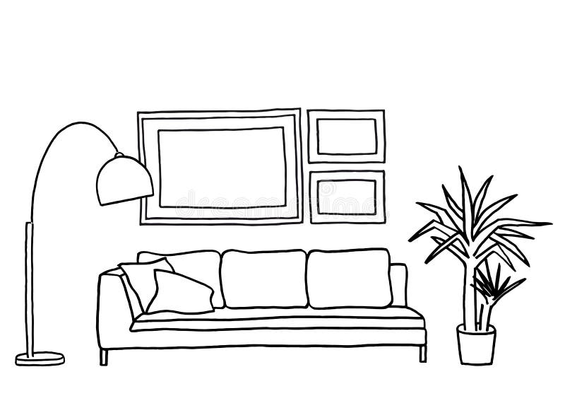 Sofá y marcos en blanco, maqueta del vector stock de ilustración Sofá y marcos en blanco, maqueta del vector stock de ilustración