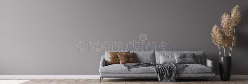 Soggiorno moderno: divano grigio interno su muro oscuro, mimetizzare panorama