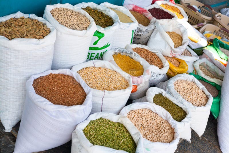 Soia Beans, Beans, Legumes, Spices in Whit Bags in Arabic Market royalty free stock photo Soia Beans, Beans, Legumes, Spices in Whit Bags in Arabic Market royalty free stock photo