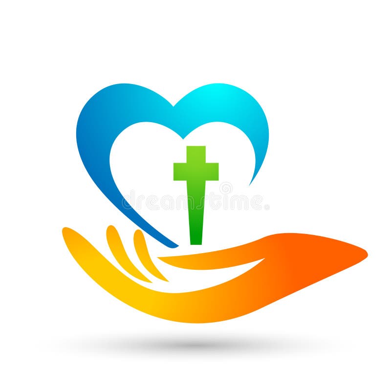 Soin d'église avec le coeur d'icône de logo de main avec le symbole croisé d'amour sur le fond blanc