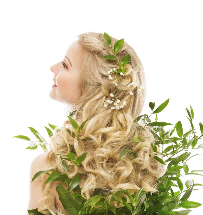 Soins capillaires, cheveux de femme longs et feuilles organiques, Rear View modèle