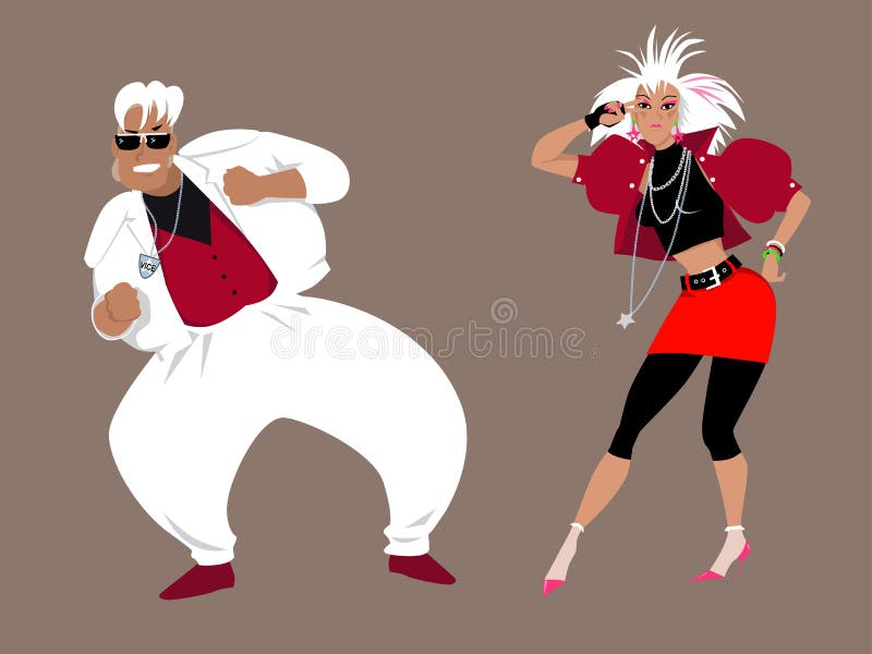 Young couple dressed in 1980s fashion dancing, EPS 8 vector illustration, no transparencies. Young couple dressed in 1980s fashion dancing, EPS 8 vector illustration, no transparencies