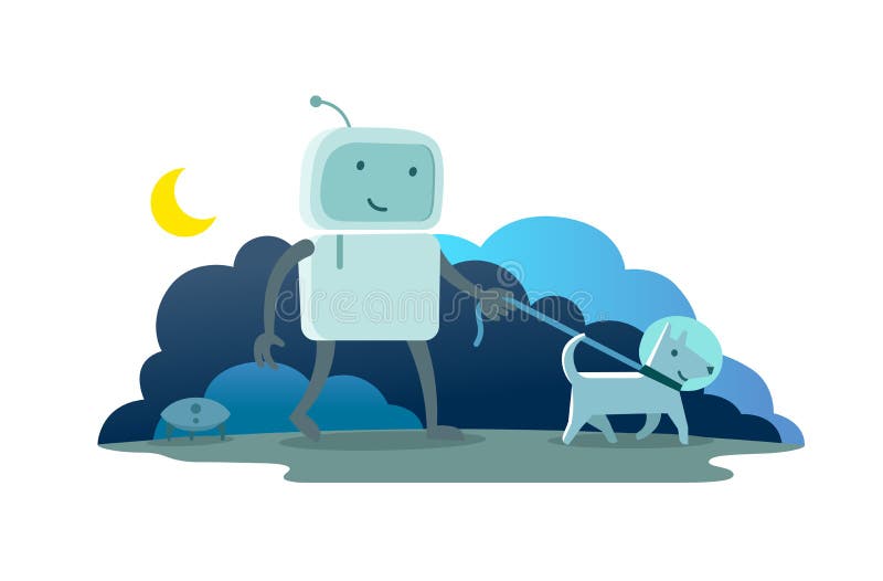 Soirée de lune de nuit de promenade d'homme d'astronaute de caractère de robot avec le chien sur une laisse Le chien fonctionne e illustration stock Soirée de lune de nuit de promenade d'homme d'astronaute de caractère de robot avec le chien sur une laisse Le chien fonctionne e illustration stock