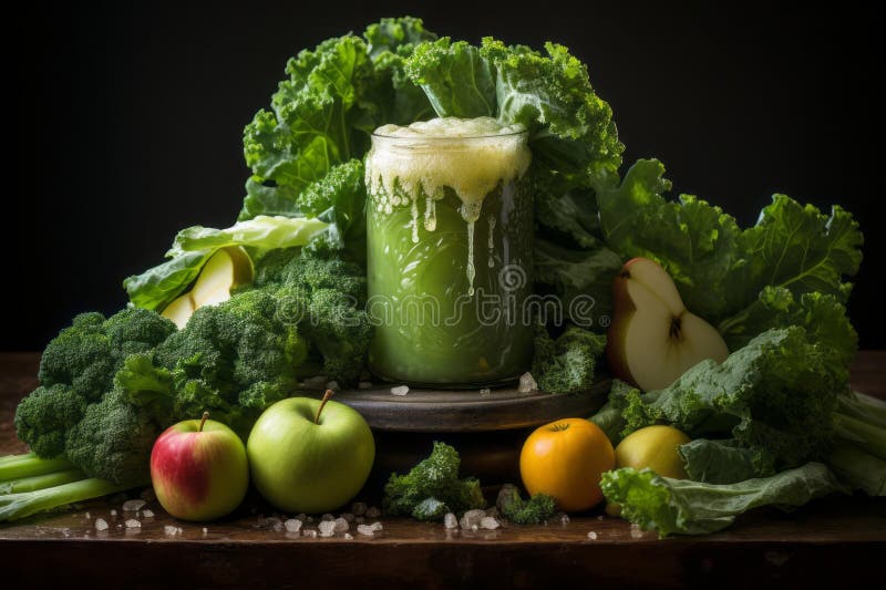 Sok detoksowy ze świeżymi jabłkami, żywe warzywa, brokuły z limonek i infuzja cytryny w ciemnym tle zdjęcia stock