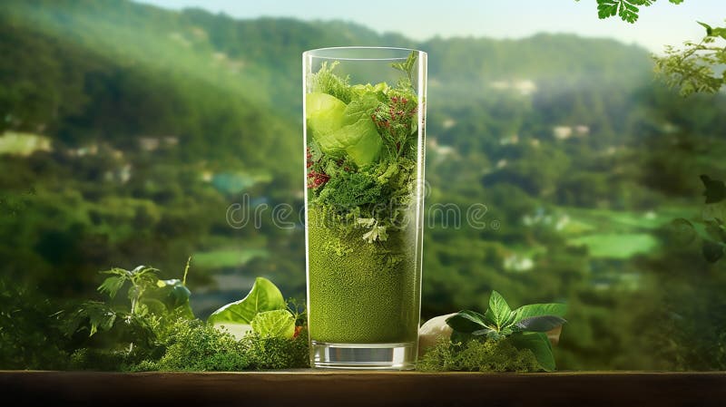 Sok detox oczyszczający w krajobrazie ziołowym obraz royalty free