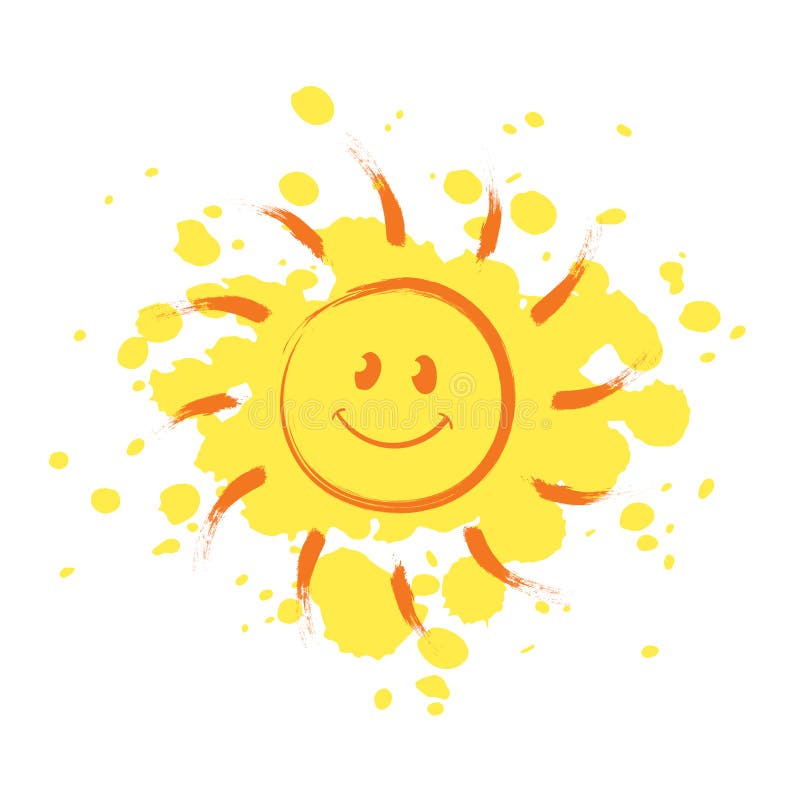 Sol alegre y sonriente con gotas de pintura en el fondo ilustración del vector Sol alegre y sonriente con gotas de pintura en el fondo ilustración del vector