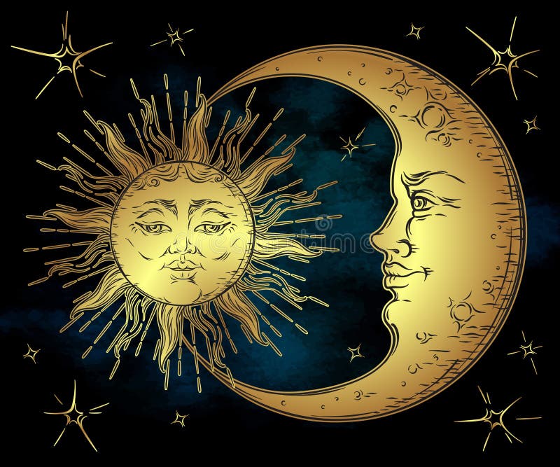 Sol dourado tirado da arte do estilo mão antiga, lua crescente e estrelas sobre o céu do preto azul Vetor chique do projeto de Bo
