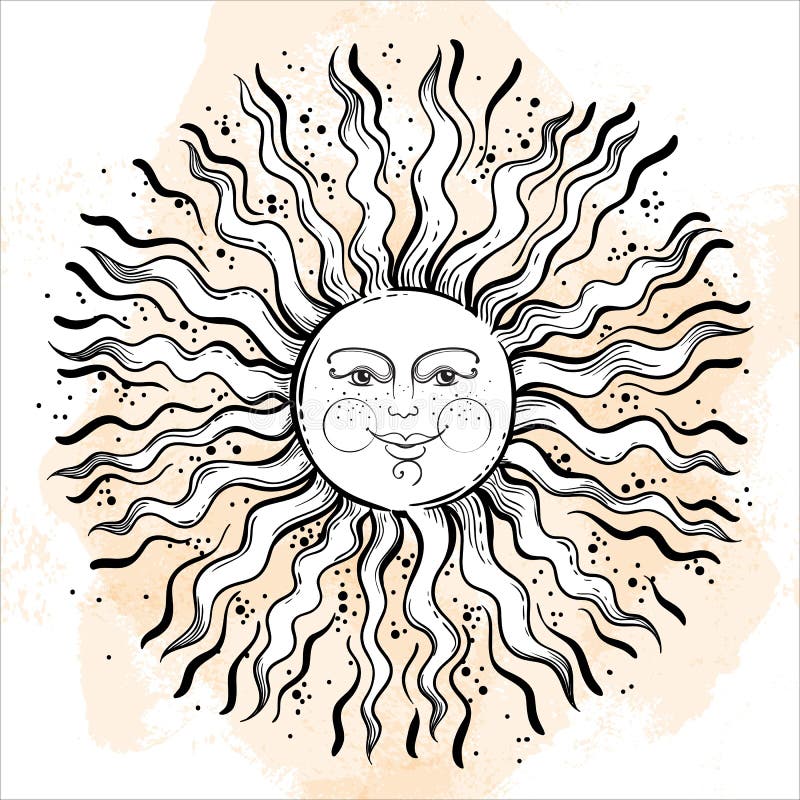 Sol ruso del estilo del vintage Símbolo solar ornamental medieval Ejemplo étnico a mano del vector Astrología, astronomía