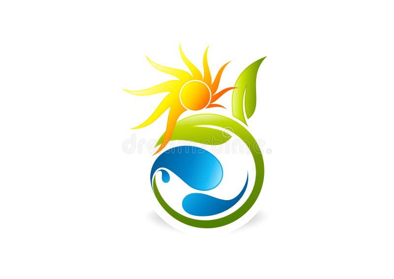 Sol, växt, folk, vatten, naturligt, logo, symbol, hälsa, blad, botanik, ekologi och symbol stock illustrationer