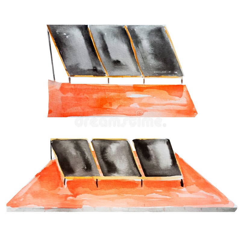 Solar battery panels on red roof watercolor elements set stock illustration