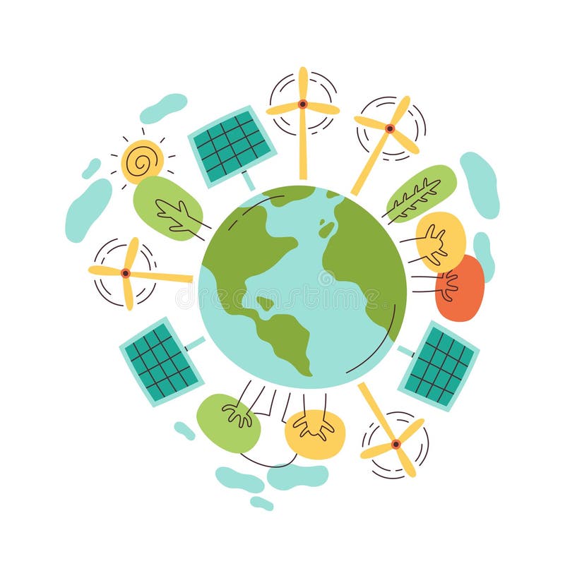 Solar Battery and Windmill on Earth Flat Illustration Environment Stock