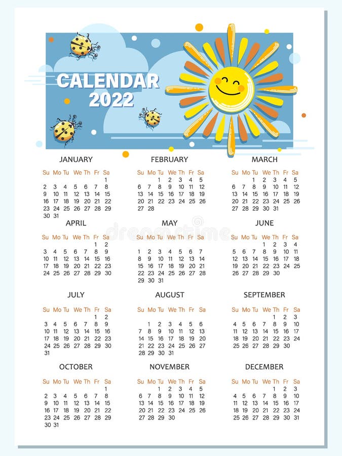 Lunisolar Calendar 2022 Solar Calendar 2022. Calendar Template With Cartoon Sun, Ladybird. Vector  Cartoon Character. Stock Vector - Illustration Of Children, Fauna: 224788785