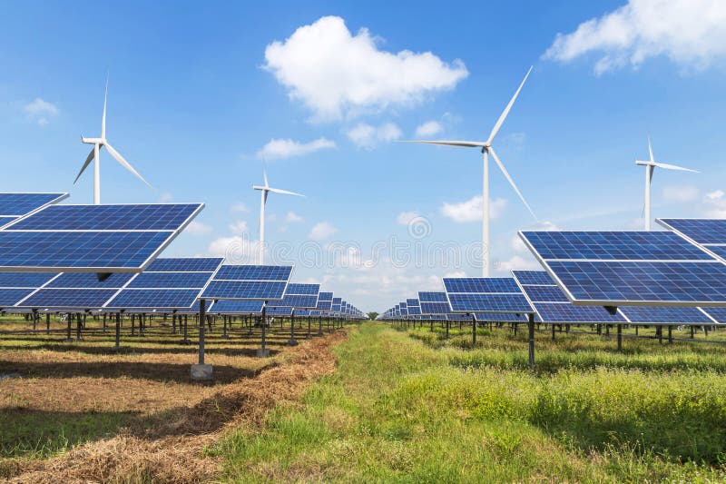 Solar cells and wind turbines in power station alternative renewable energy from nature royalty free stock photo Solar cells and wind turbines in power station alternative renewable energy from nature royalty free stock photo