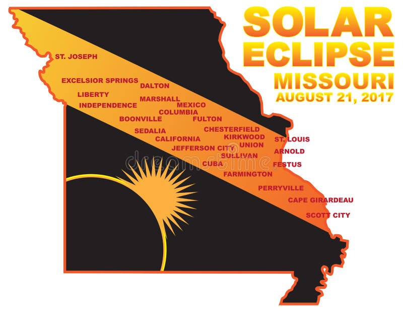 2017 Solar Eclipse Across Missouri Cities Map Vector Illustration Stock
