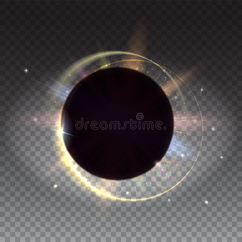 Solar eclipse, astronomical phenomenon - full sun eclipse. Circular light rays and lens flare backdrop, Abstract bright