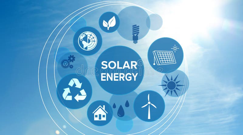 Solar energy. Scheme with icons and sky on background vector illustration