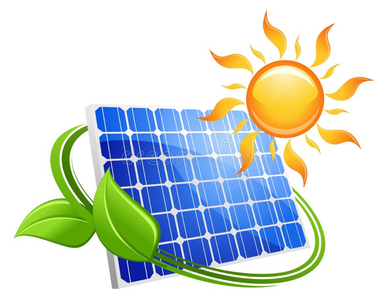 Solar energy eco concept with a blue photovoltaic panel under a hot yellow sun with curling green leaves, vector illustration on white
