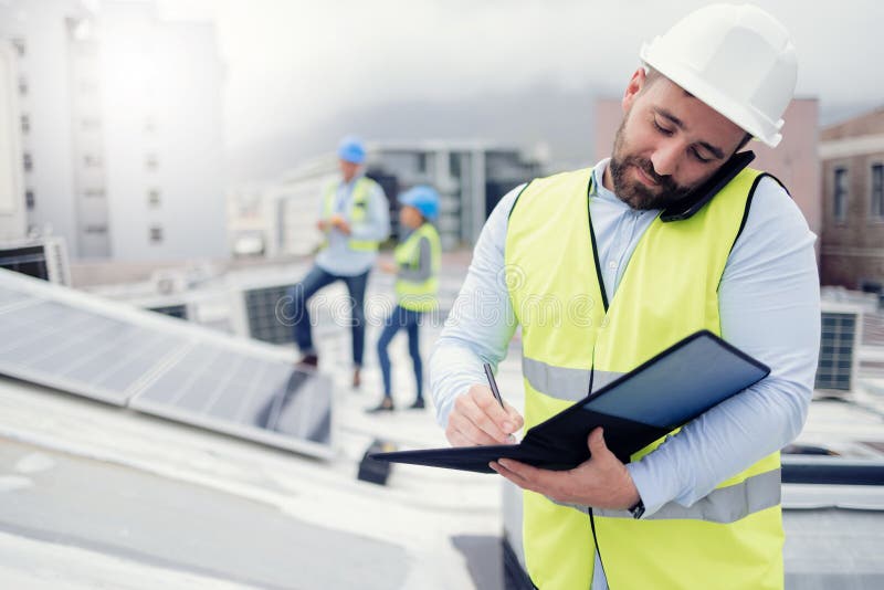 Solar energy, engineer phone call and man writing on solar roof working on inspection of electric solar panels