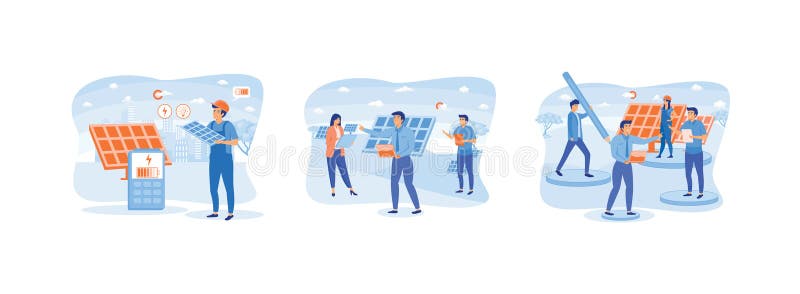 Solar energy panel system. Installation of solar modules. Field service technicians. vector illustration