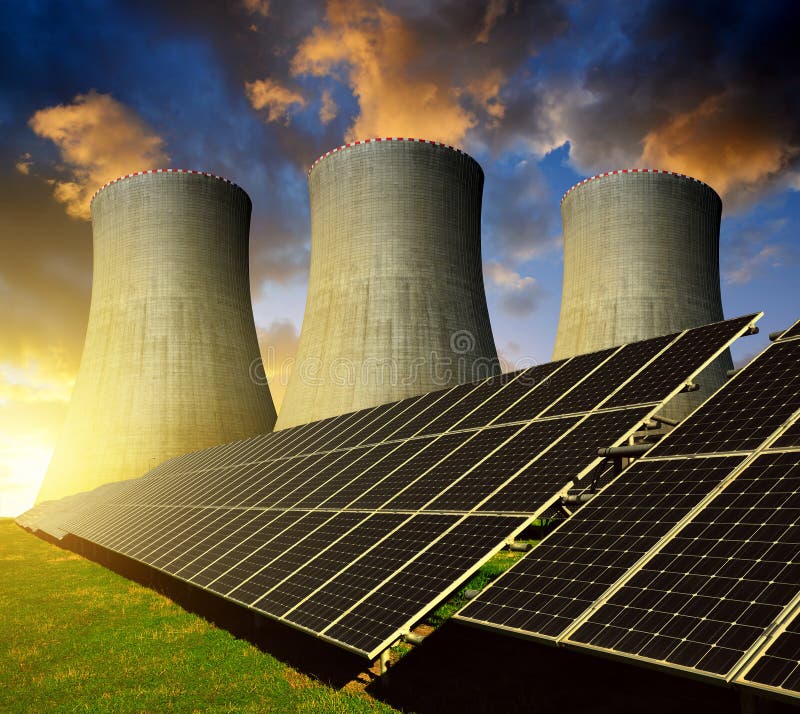 Solar Energy Panels and Nuclear Power Plant Stock Photo Image of