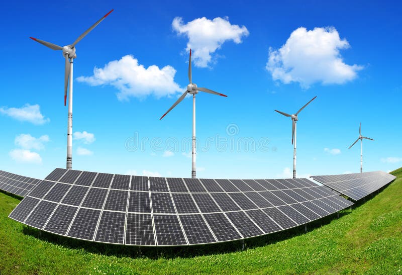 Solar Energy Panels and Wind Turbines. Stock Image Image of plant