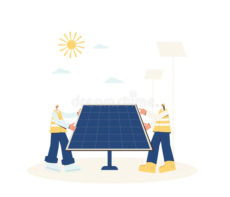 Solar energy system installing. Provide upgrades solar modules. Field service technician. Scene with workers and panels. Renewable vector illustration