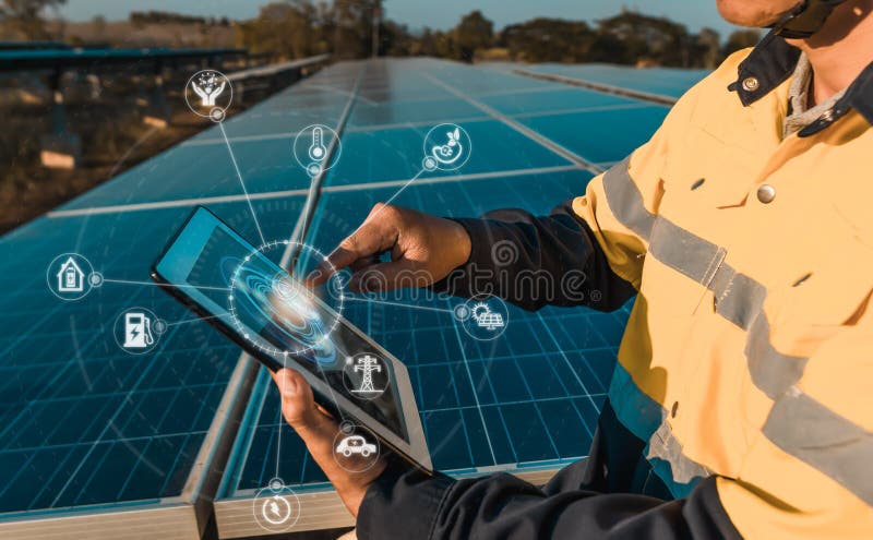 The solar farmsolar panel with engineers is checking the operation of the system by laptop, Alternative energy to conserve the world`s energy, Photovoltaic module idea for clean energy production.