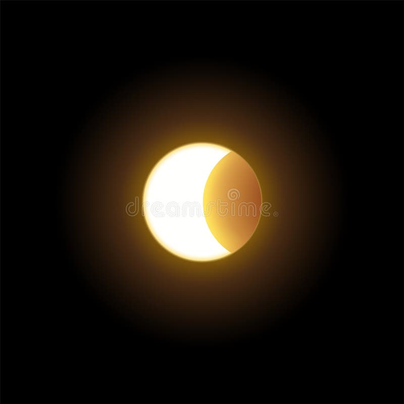 Solar- oder Mondfinsternuferzeichnung glänzender Halbmond auf rund leuchtend goldenem Weltraumplaneten im dunklen Universum lizenzfreie abbildung