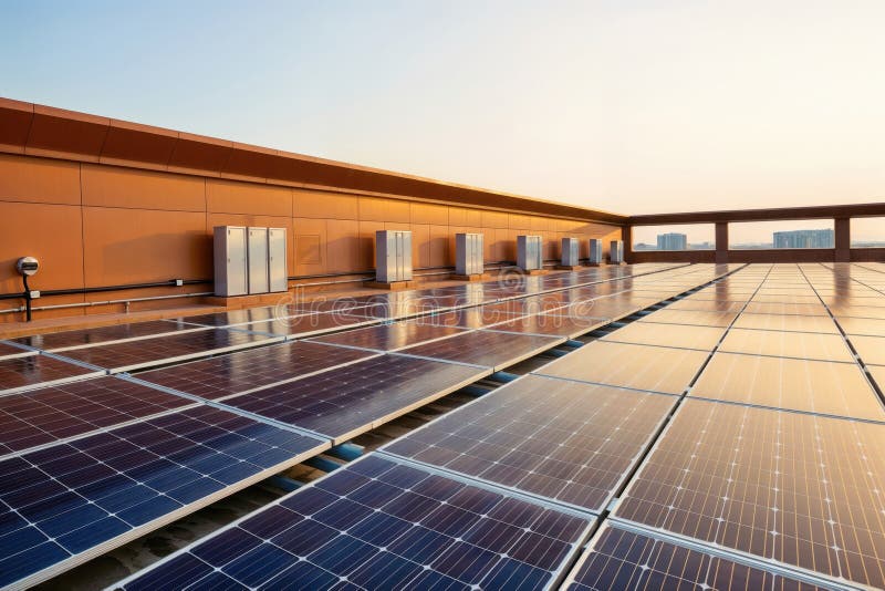 Solar Panel Array On Commercial Rooftop At Sunset, generative ai vector illustration
