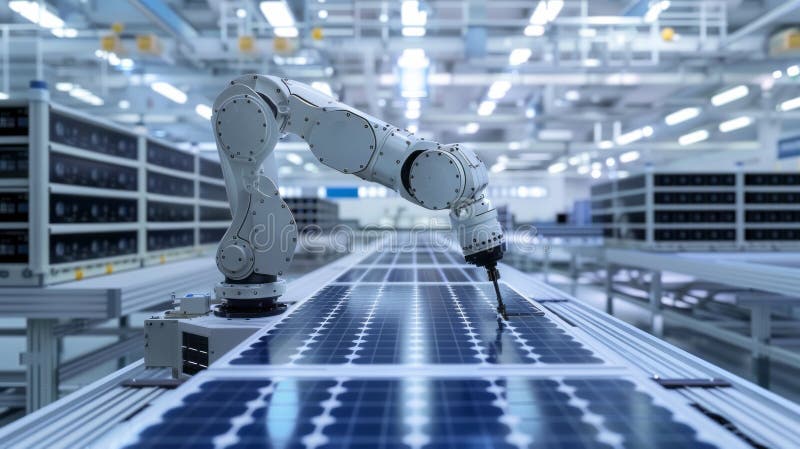 Solar Panel Assembly and Industrial Robot Arm at Bright, Modern Factory Production Line royalty free stock image