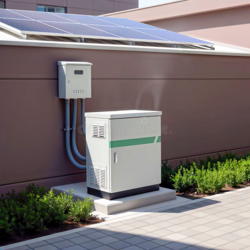 Solar Panel Battery and Inverter near a Modern Building, generative ai stock illustration
