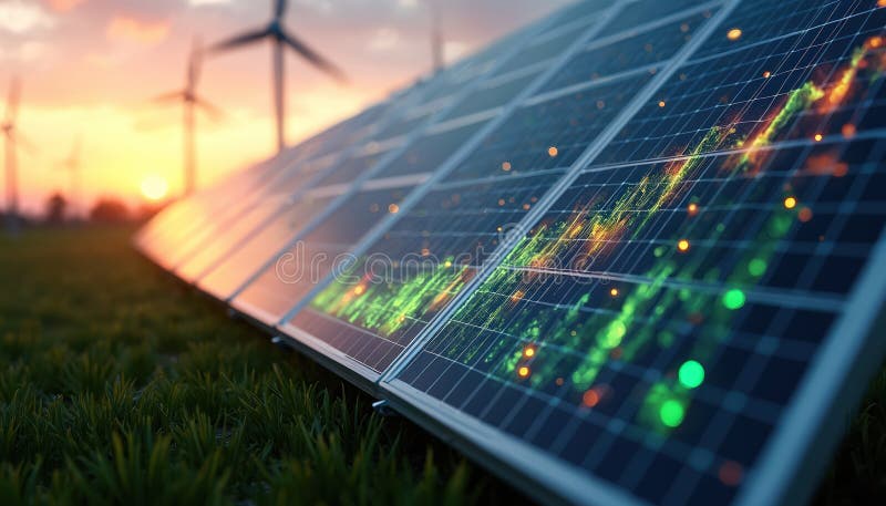 Solar panel energy production growth chart display on grass at sunset with wind turbines in the background. Renewable energy concept, clean power, innovation, sustainability green eco. Chart clean energy stock images, royalty-free photos and pictures
