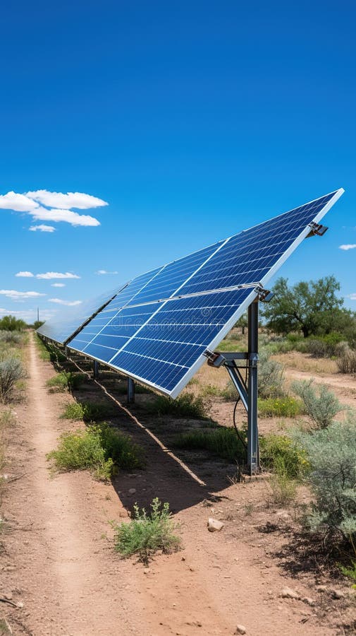 A solar panel farm in the desert stock photo