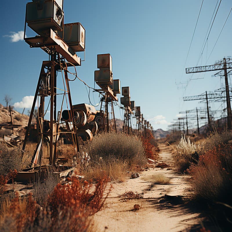 A solar panel farm in the desert stock illustration