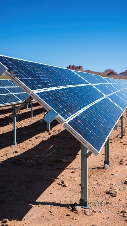 A solar panel farm in the desert stock illustration