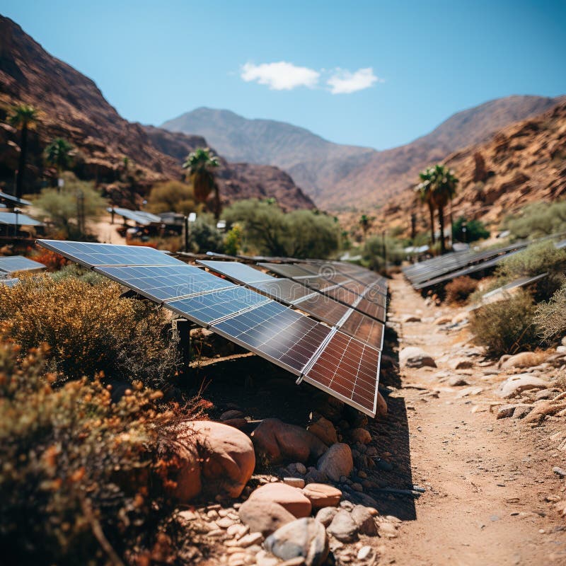A solar panel farm in the desert stock illustration