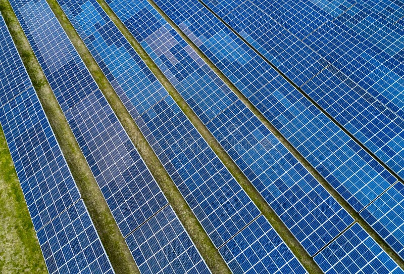 Solar Panel Field at Work with Sun Reflection Stock Photo Image of