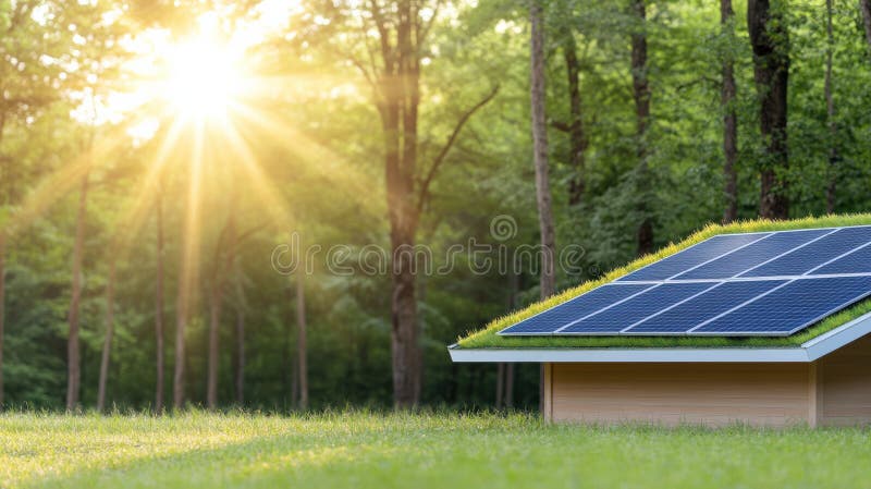 Solar panel installation on green roof in forest setting, capturing sunlight. This eco friendly design promotes sustainability and energy efficiency, AI Generative. Capturing sunlight stock images, royalty-free photos and pictures