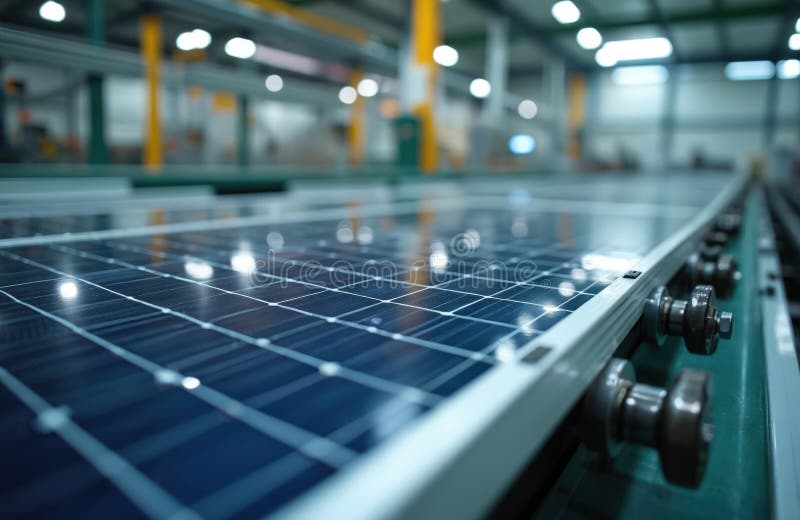 Solar panel production line in advanced factory. Automated system moves solar panels. Closeup view on panel. Modern tech royalty free illustration