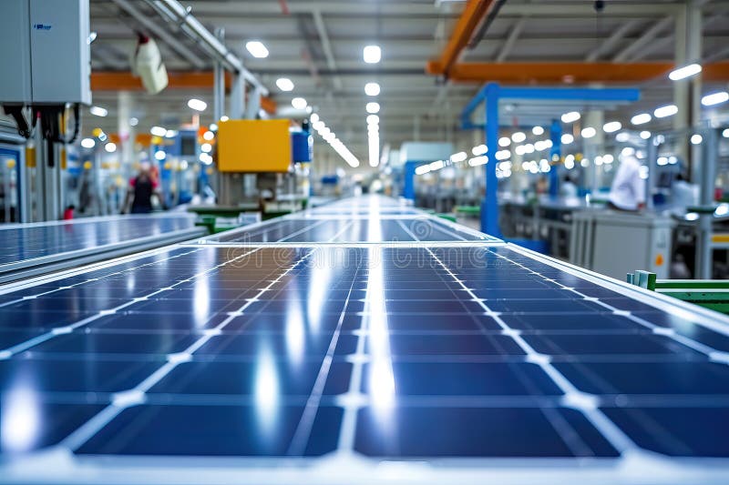 Solar Panel Production Process on Advanced Factory. Generative AI vector illustration