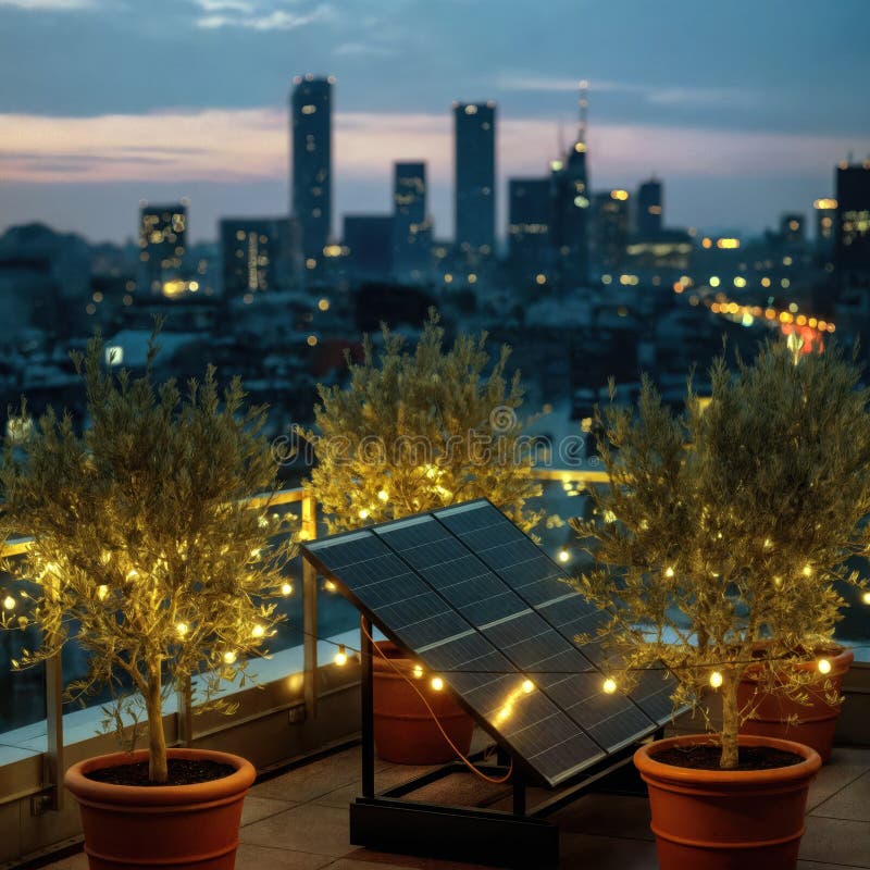 Solar Panel with String Lights on a Rooftop Terrace, generative ai vector illustration