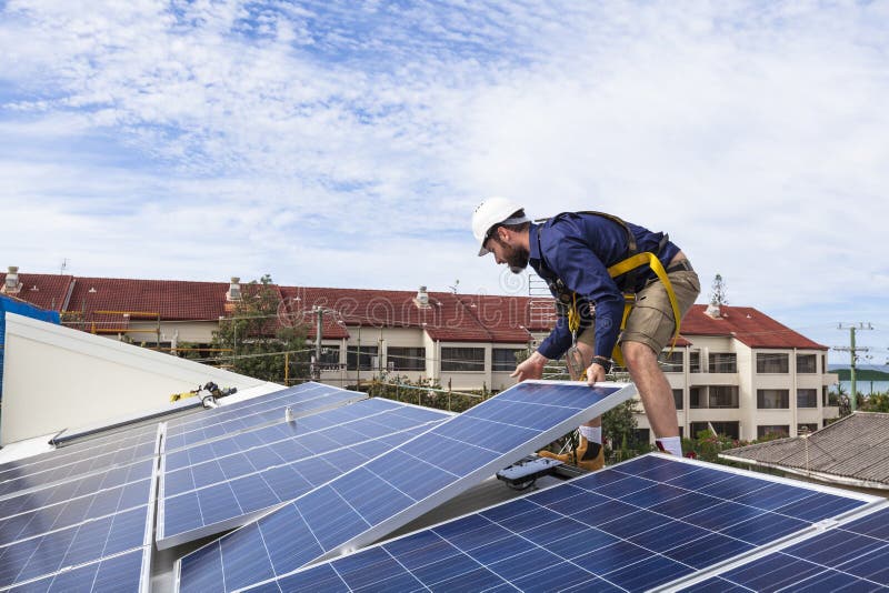 Solar panel technician stock photography