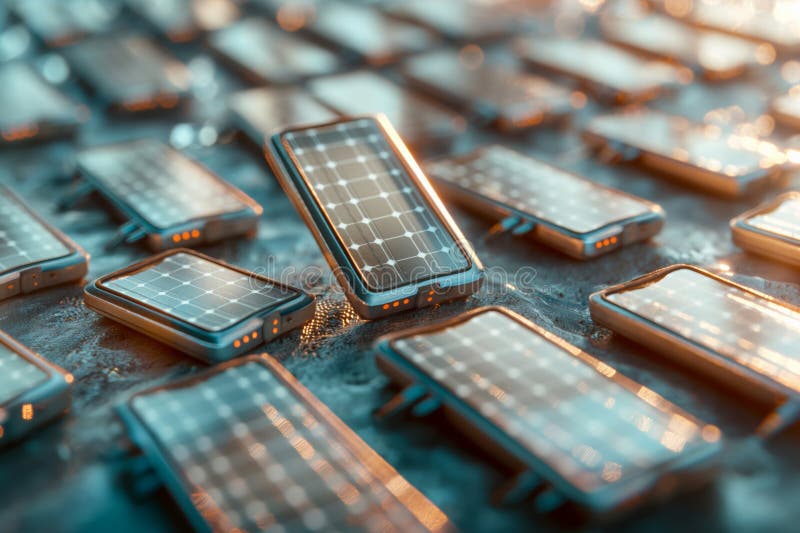 Solar panels aligned on the ground with sunlight reflections stock images