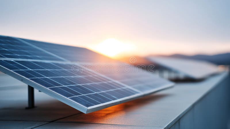 Close-up of solar panels installed outdoors capturing sunlight during sunset, with a blurred background of mountains and sky, symbolizing renewable energy. Capturing sunlight stock images, royalty-free photos and pictures