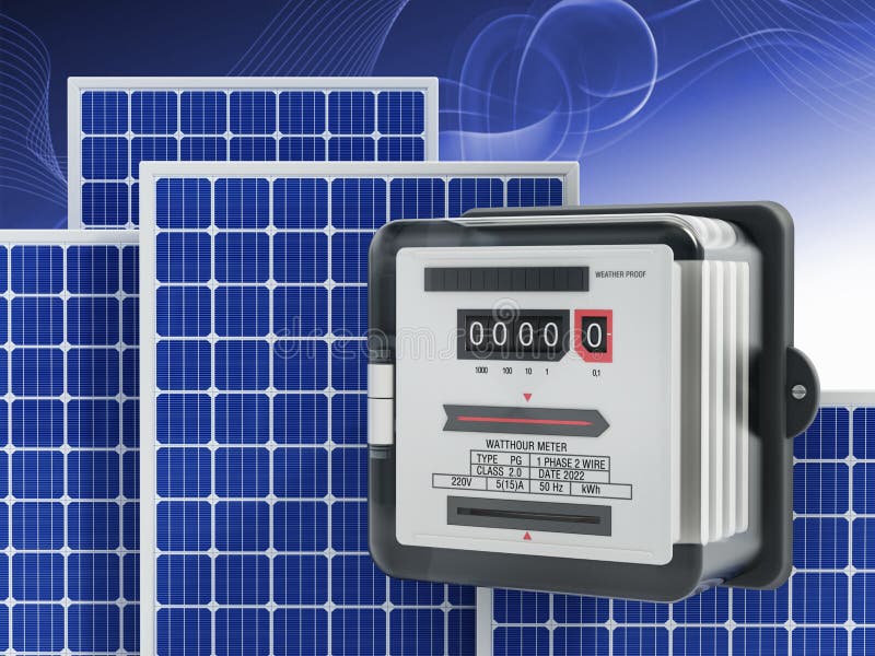 Solar Panels and Electricity Meter on Blue Background. 3D Illustration Stock Illustration