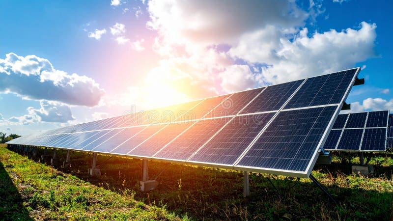 Solar panels in a field capturing sunlight against a blue sky with clouds renewable energy. Capturing sunlight stock images, royalty-free photos and pictures