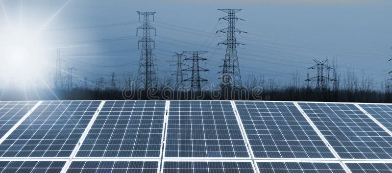 SSolar panels with high voltage power line, renewable energy, Innovation and technology.Innovation and technology, environmentally friendly energy. Solar farm under sunny day