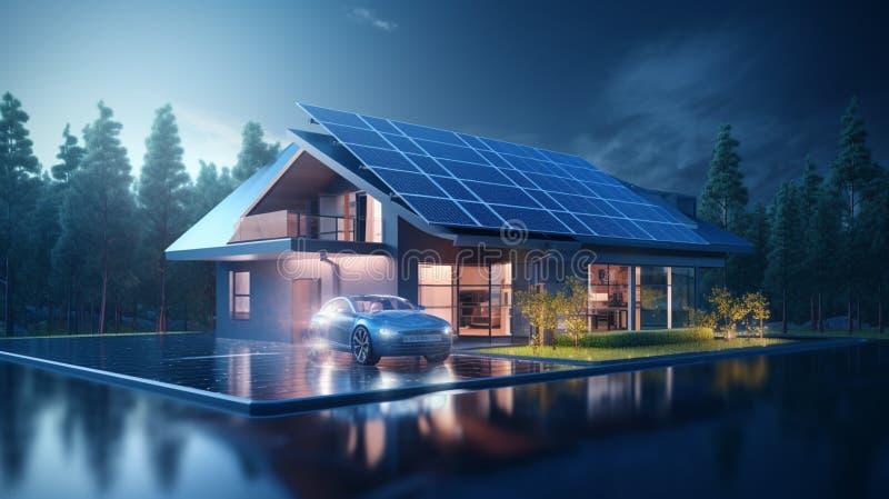 Solar panels installed and in use on roof of home stock image