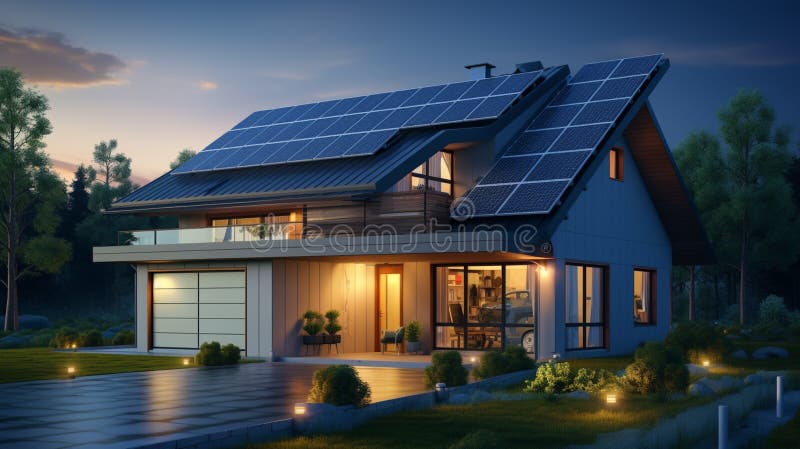 Solar panels installed and in use on roof of home royalty free illustration